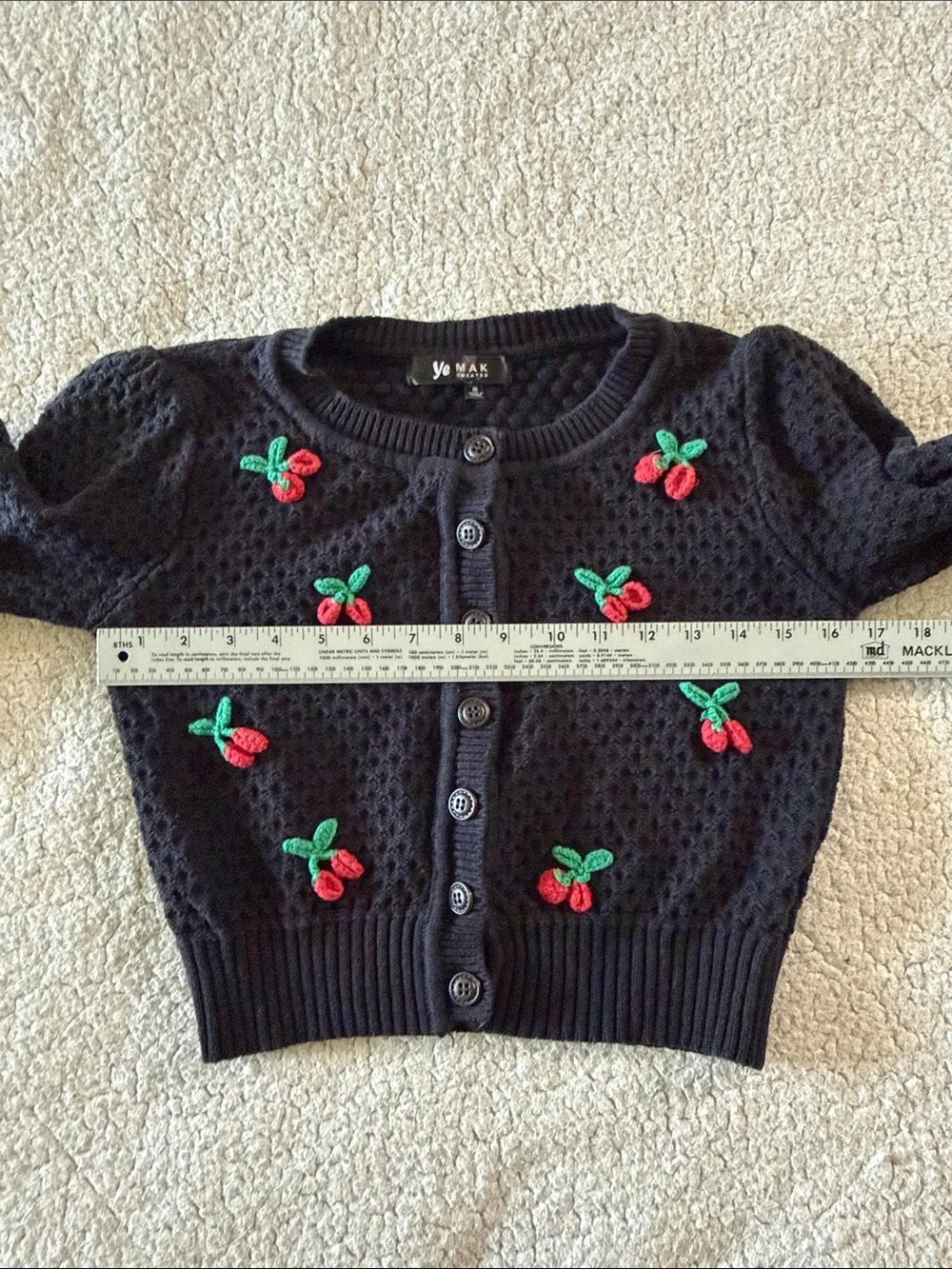 Ye Mak Cotton Crochet Black Cherry-Appliqué Button-Front Cardigan Small